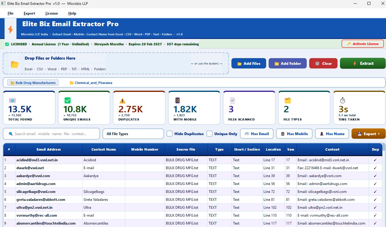 Elite Biz Email Extractor Pro — live extraction of contact names, emails and mobile numbers from PDF CV files
